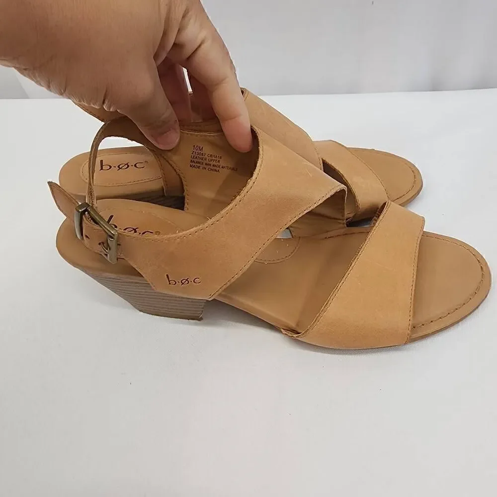 BOC Born Size 10 Womens Sandals Brown Leather Block Heel Adjustable Strap O